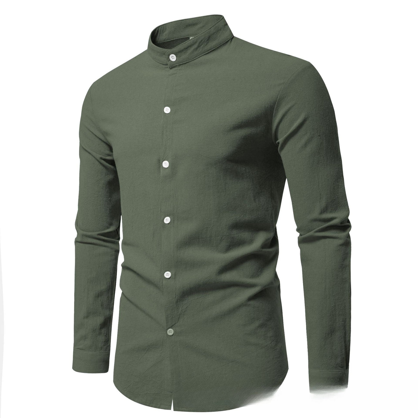 Men's Solid Color Stand-up Collar Cardigan Casual Cotton Long-sleeve Shirt