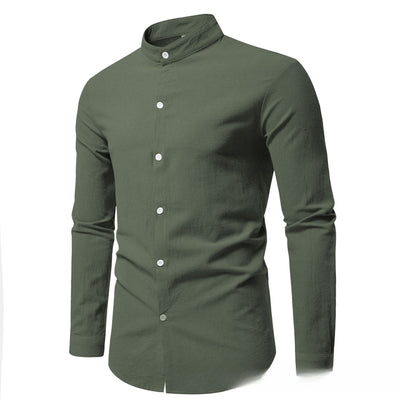 Men's Solid Color Stand-up Collar Cardigan Casual Cotton Long-sleeve Shirt