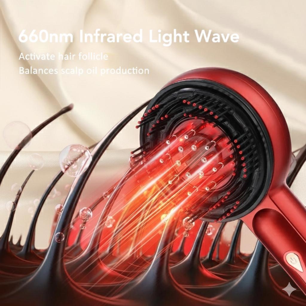 Peigne de Massage Électrique 3 Modes – Peigne Portable avec Laser Rouge pour Follicules Capillaires, avec Applicateur d’Huile Essentielle