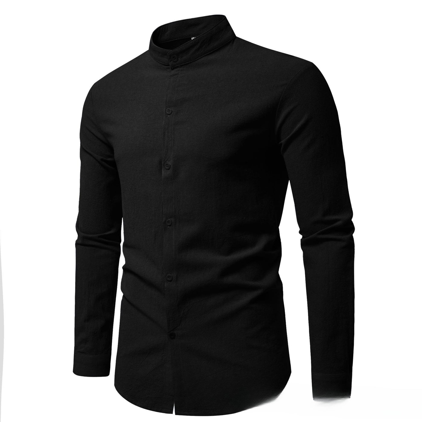 Men's Solid Color Stand-up Collar Cardigan Casual Cotton Long-sleeve Shirt