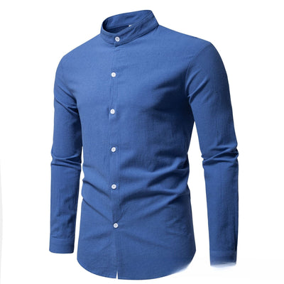 Men's Solid Color Stand-up Collar Cardigan Casual Cotton Long-sleeve Shirt