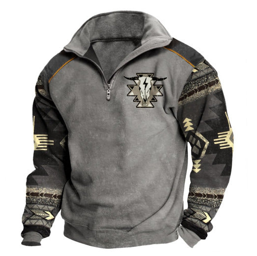 Digital Print Stand Collar Men's Street Zip-up Hoodie