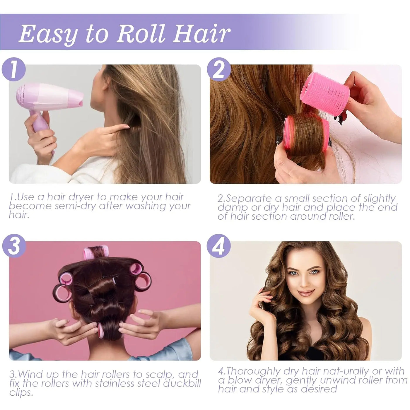 33 Rouleaux/Boucles de Cheveux Auto-agrippants – Sans Chaleur, avec Pinces et Peigne à Queue – Pour Cheveux Longs, Mi-longs et Courts
