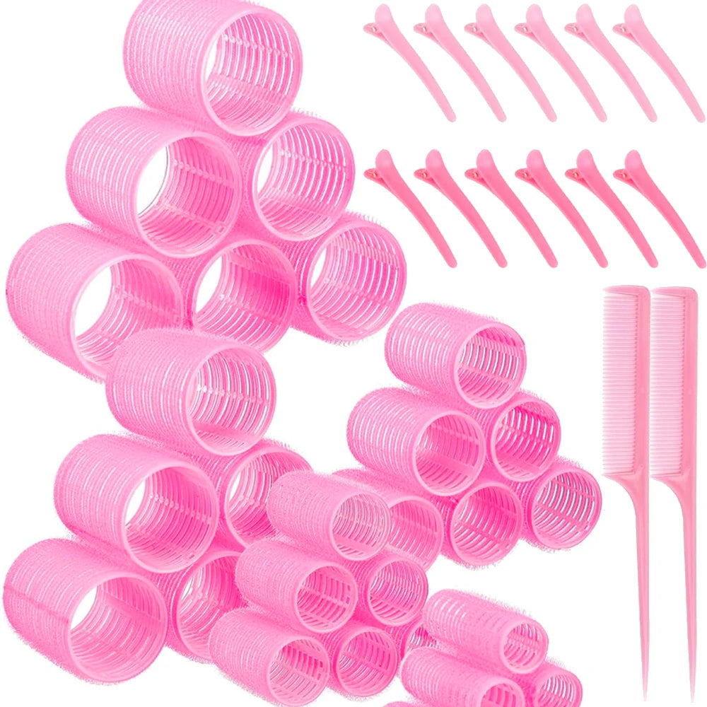 33 Rouleaux/Boucles de Cheveux Auto-agrippants – Sans Chaleur, avec Pinces et Peigne à Queue – Pour Cheveux Longs, Mi-longs et Courts
