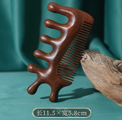 Peigne de Massage en Bois – Multifonction pour le Soin du Cuir Chevelu et des Méridiens de la Tête, Gua Sha Visage/Yeux/Épaules/Nuque, Dents Larges Antistatiques