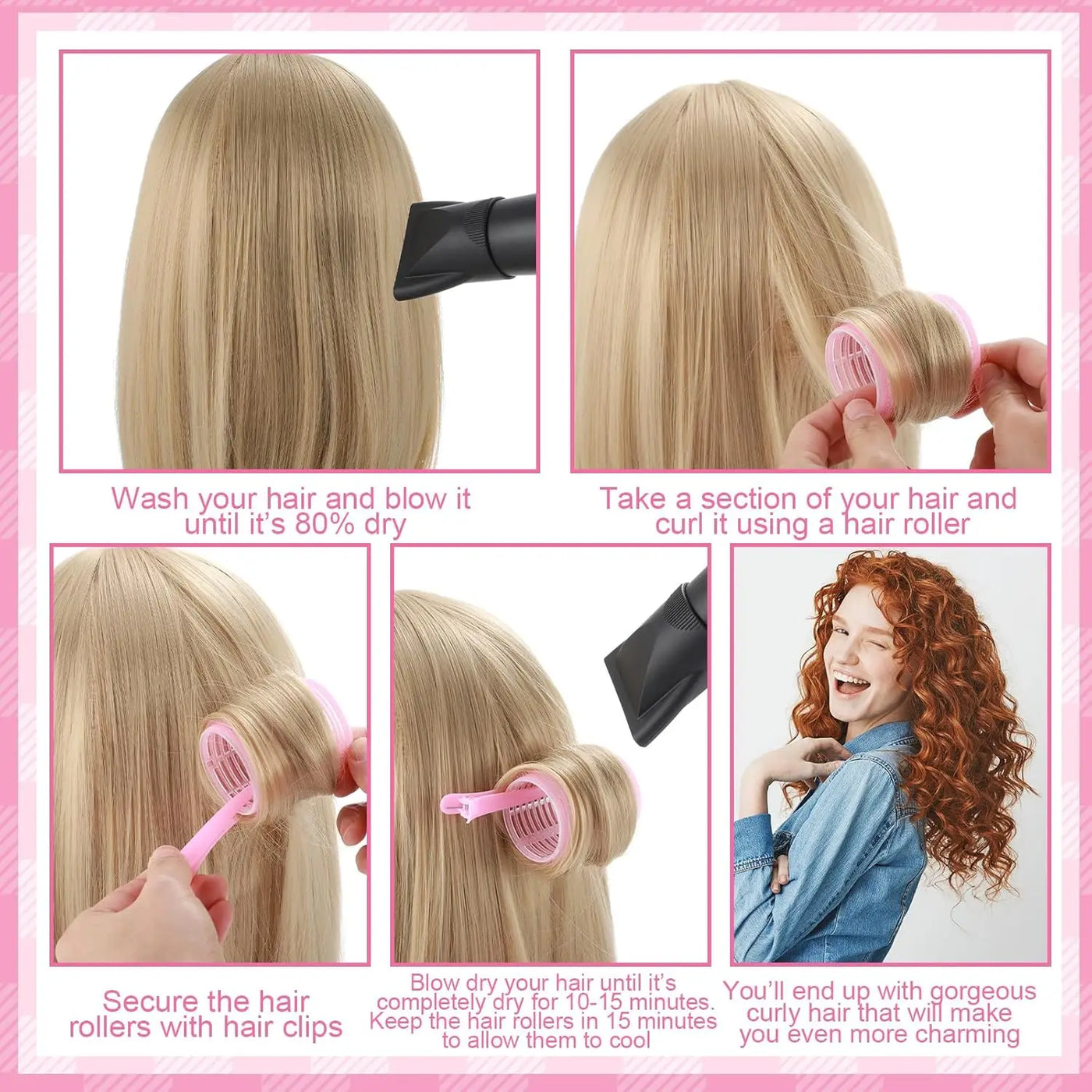 33 Rouleaux/Boucles de Cheveux Auto-agrippants – Sans Chaleur, avec Pinces et Peigne à Queue – Pour Cheveux Longs, Mi-longs et Courts