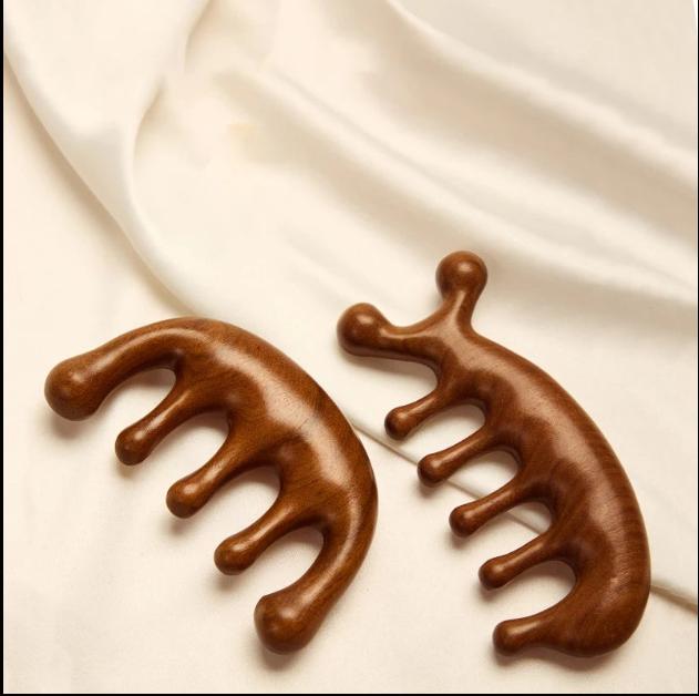 Peigne de Massage en Bois – Multifonction pour le Soin du Cuir Chevelu et des Méridiens de la Tête, Gua Sha Visage/Yeux/Épaules/Nuque, Dents Larges Antistatiques