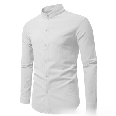 Men's Solid Color Stand-up Collar Cardigan Casual Cotton Long-sleeve Shirt