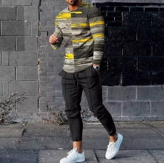 Men's Ethnic Style Printed Long Sleeve Trousers Suit